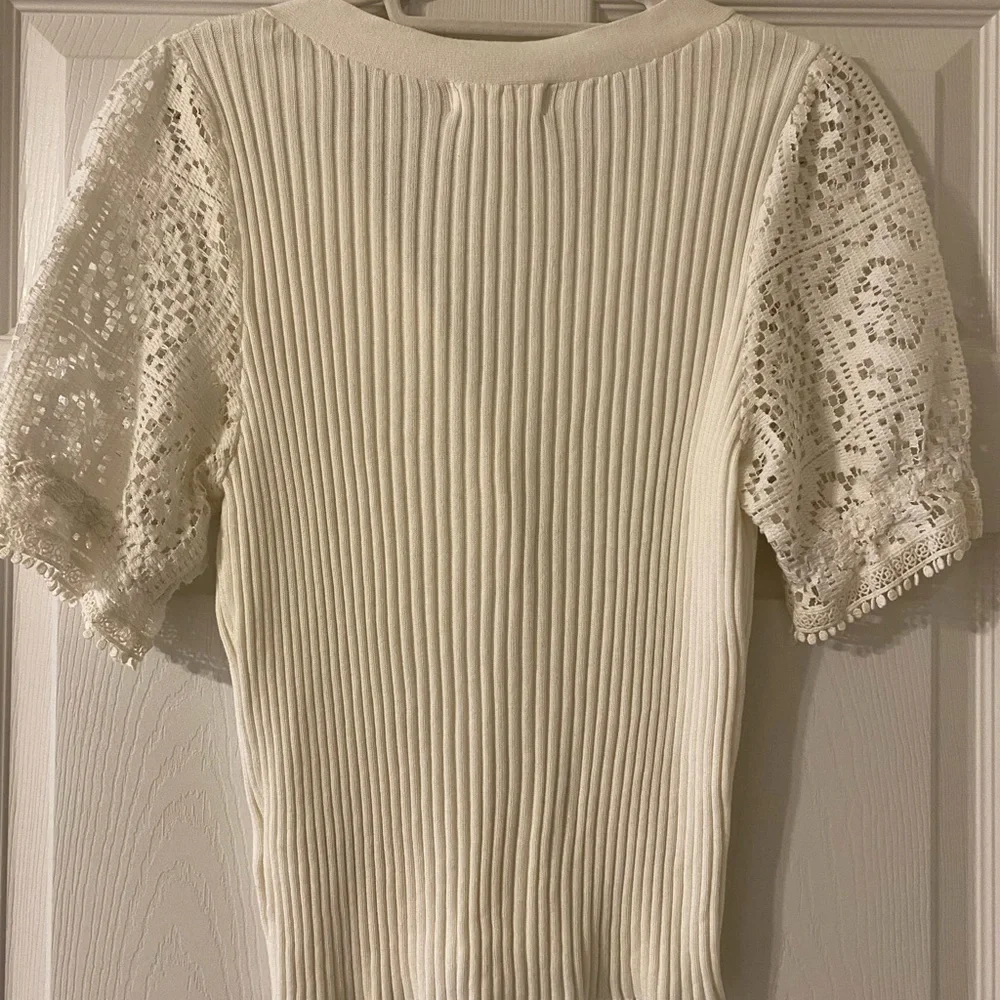 Anthropologie White Ribbed Henley Top with Crochet Puff Sleeves